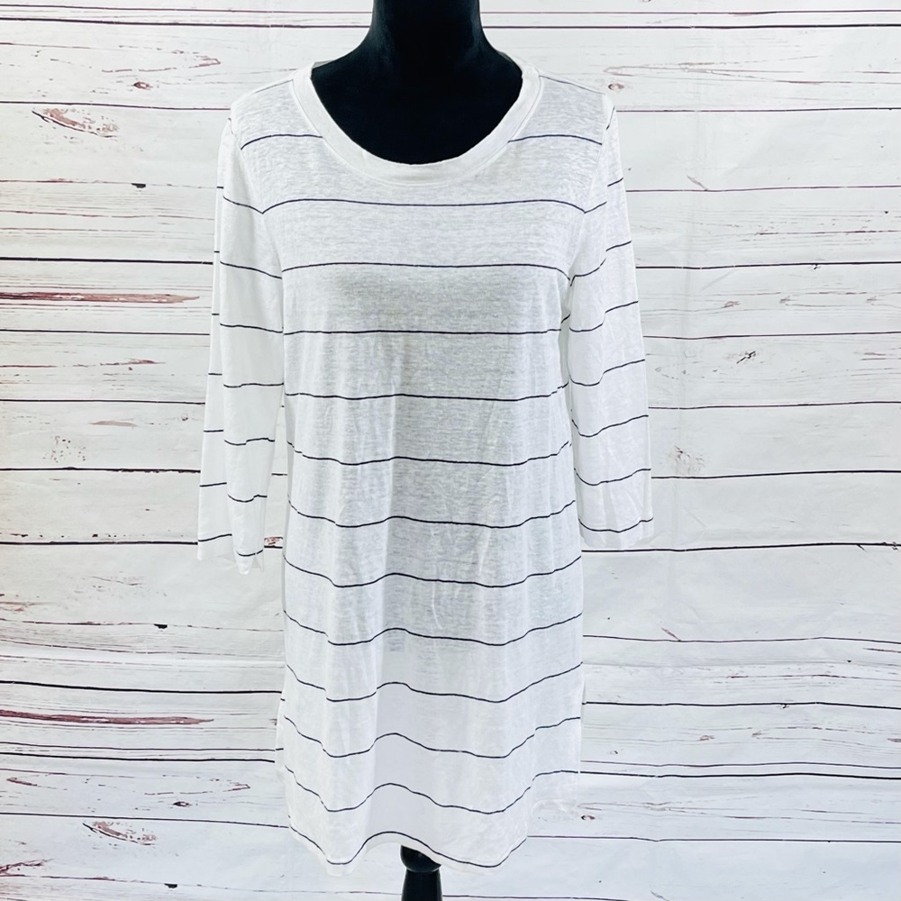 Eileen fisher women’s Linen Tunic Long Sleeve White Striped Semi Sheer Size M